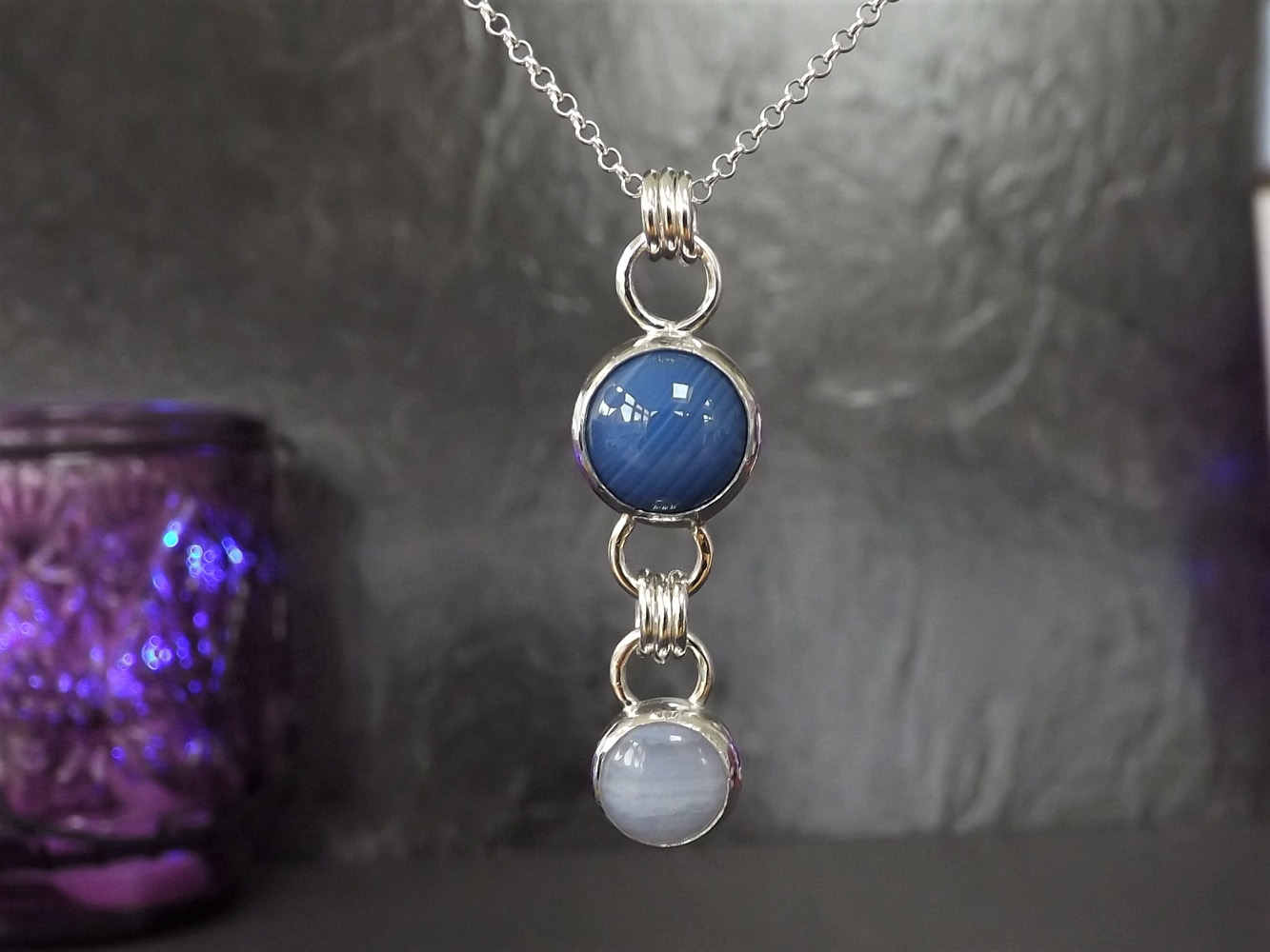 Blue Banded Agate & Blue Lace Agate Silver Pendant Necklace