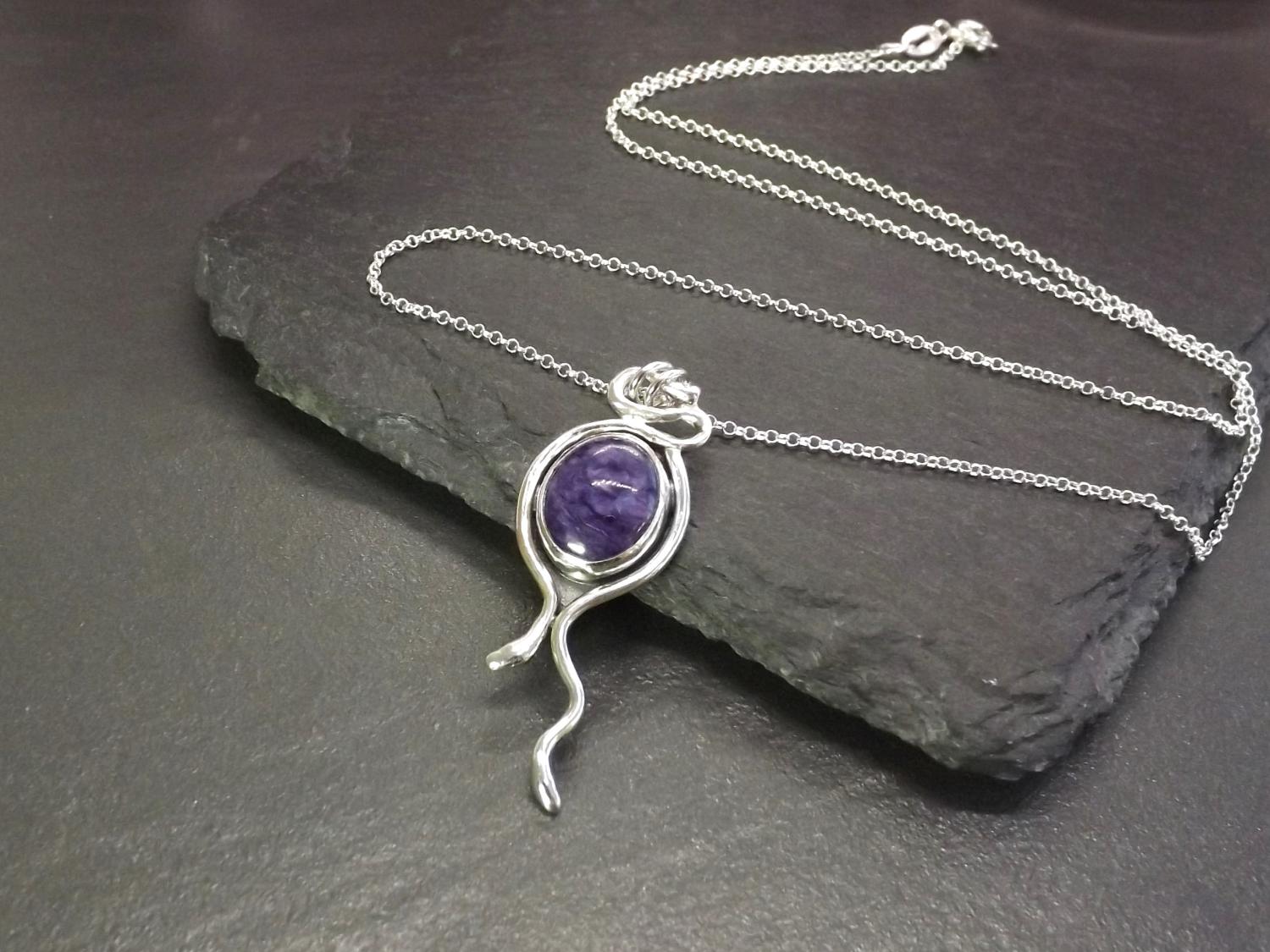 Charoite Asymmetric Silver Pendant Necklace