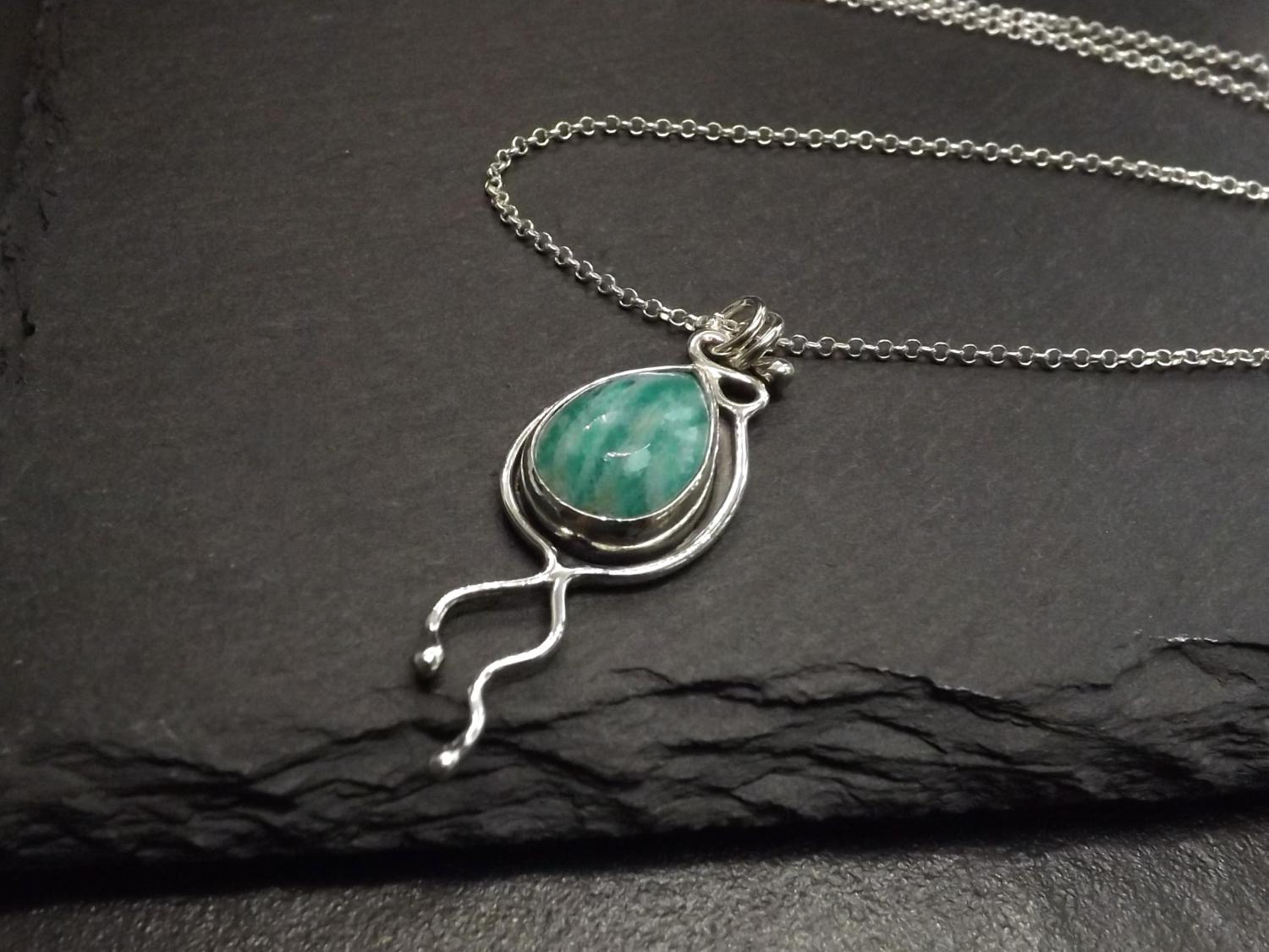 Amazonite Teardrop Asymmetric Silver Pendant Necklace