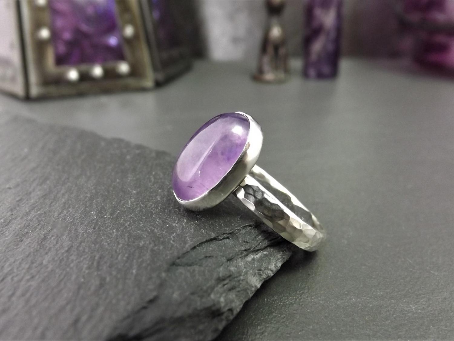 Amethyst Hammered Silver Ring, size O