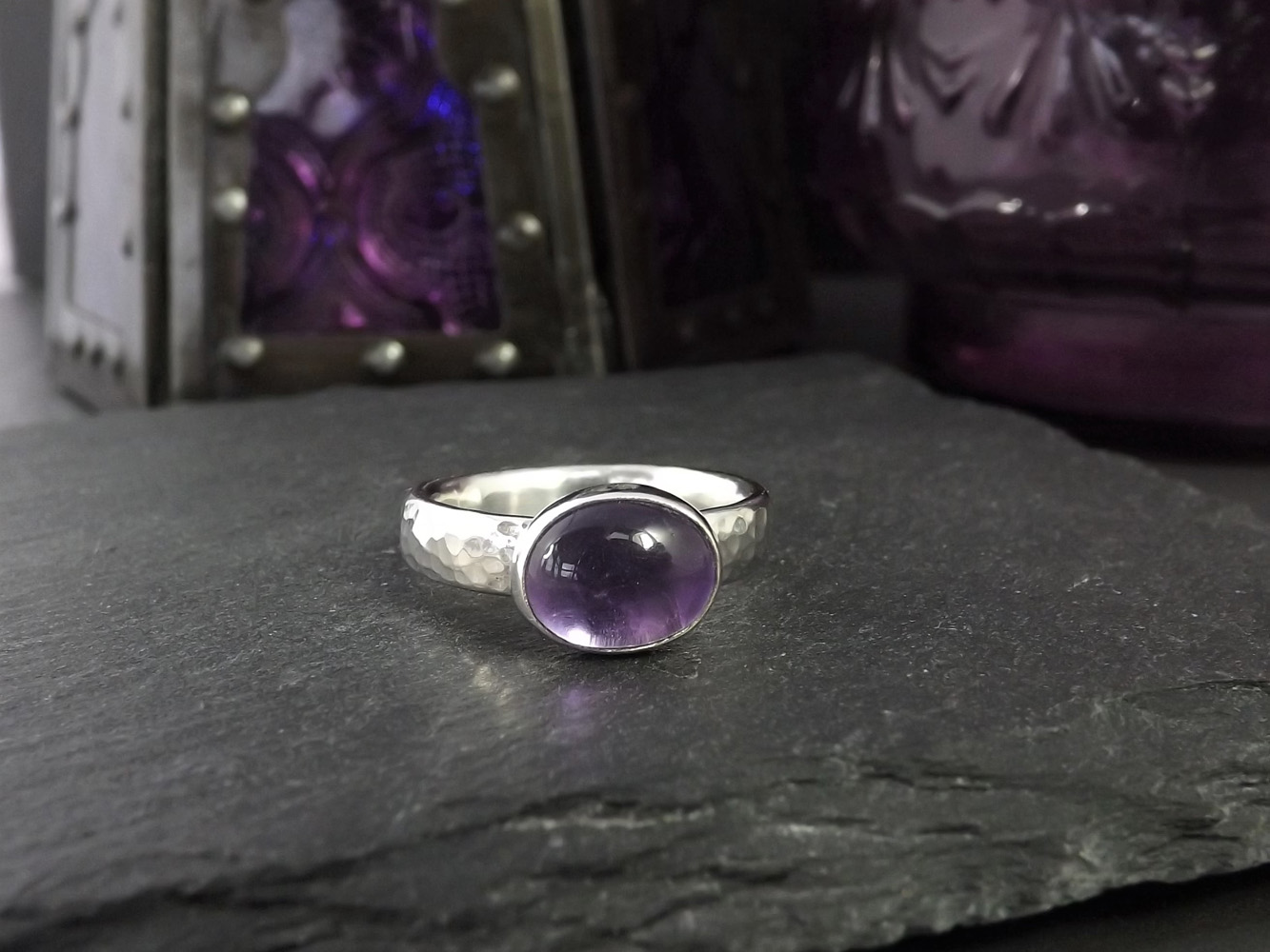 Amethyst Chunky Hammered Silver Ring size O