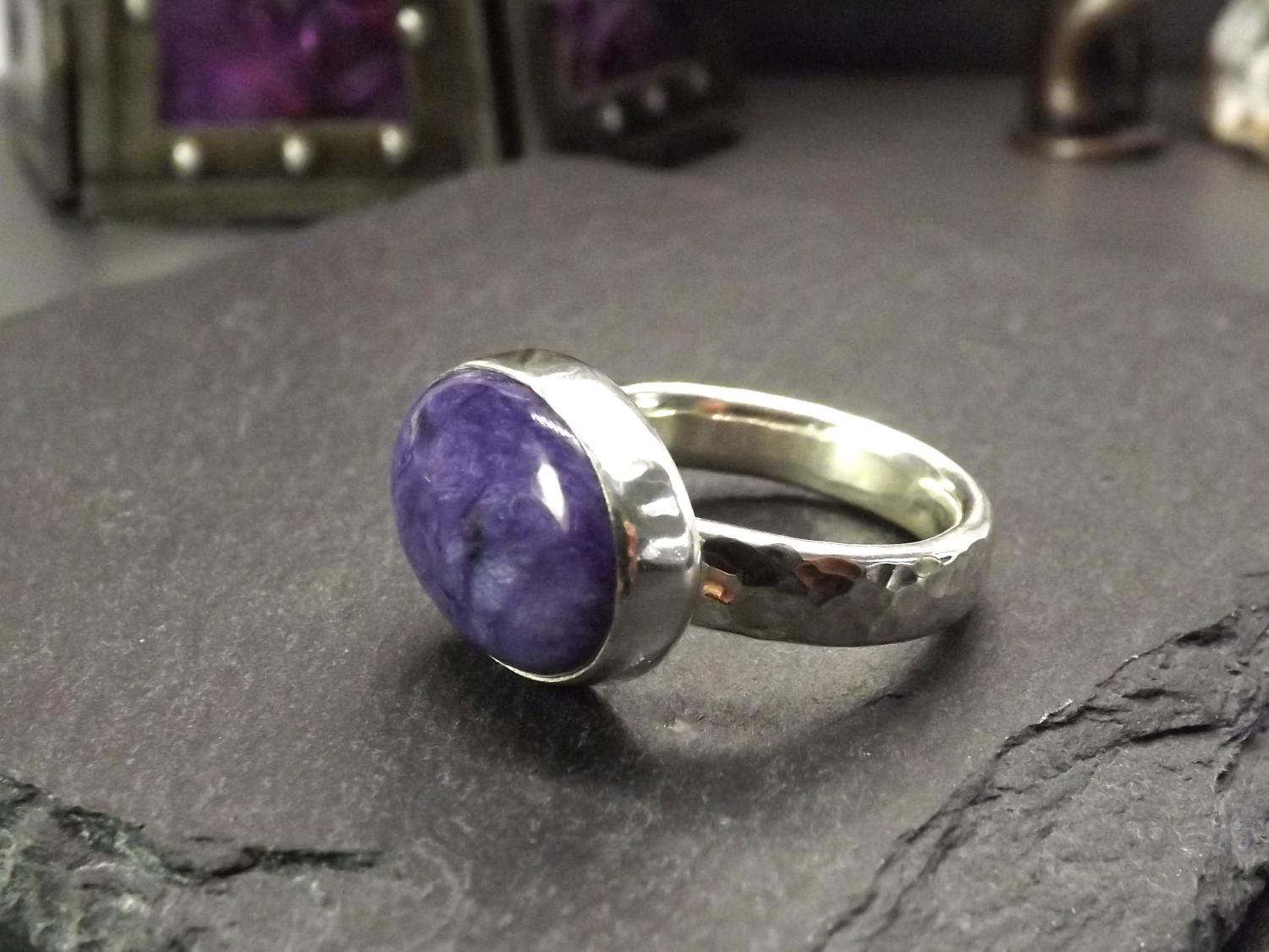 Purple Charoite Chunky Hammered Silver Ring, size S