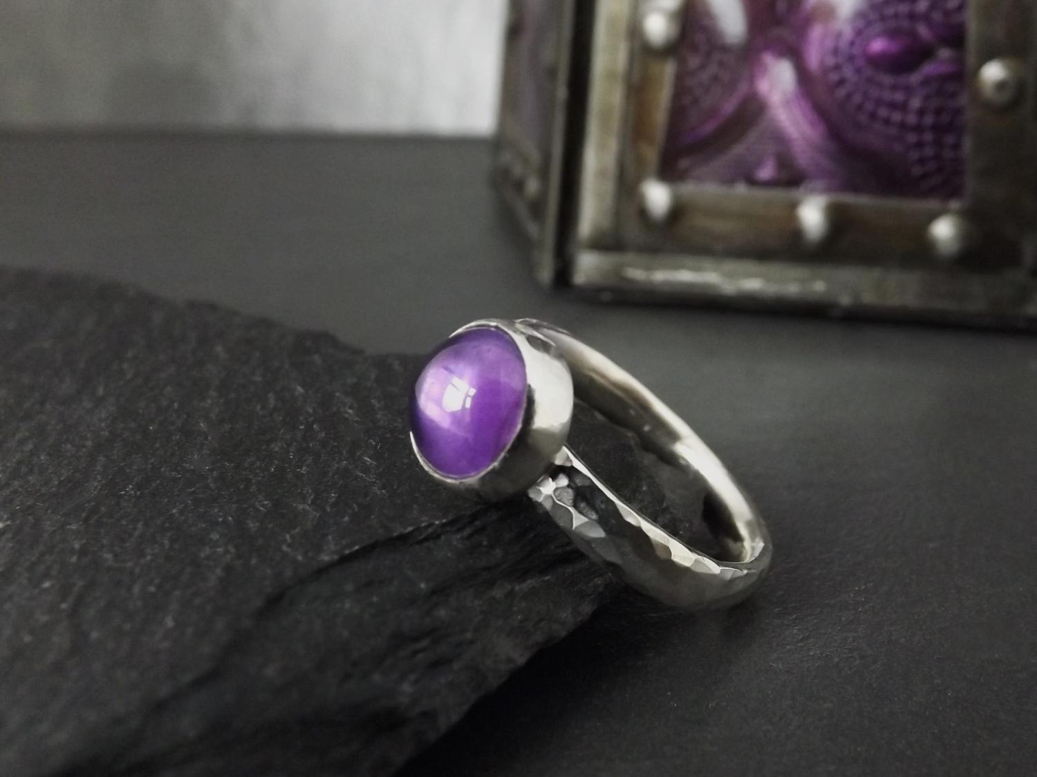 Amethyst Hammered Silver Ring, size L