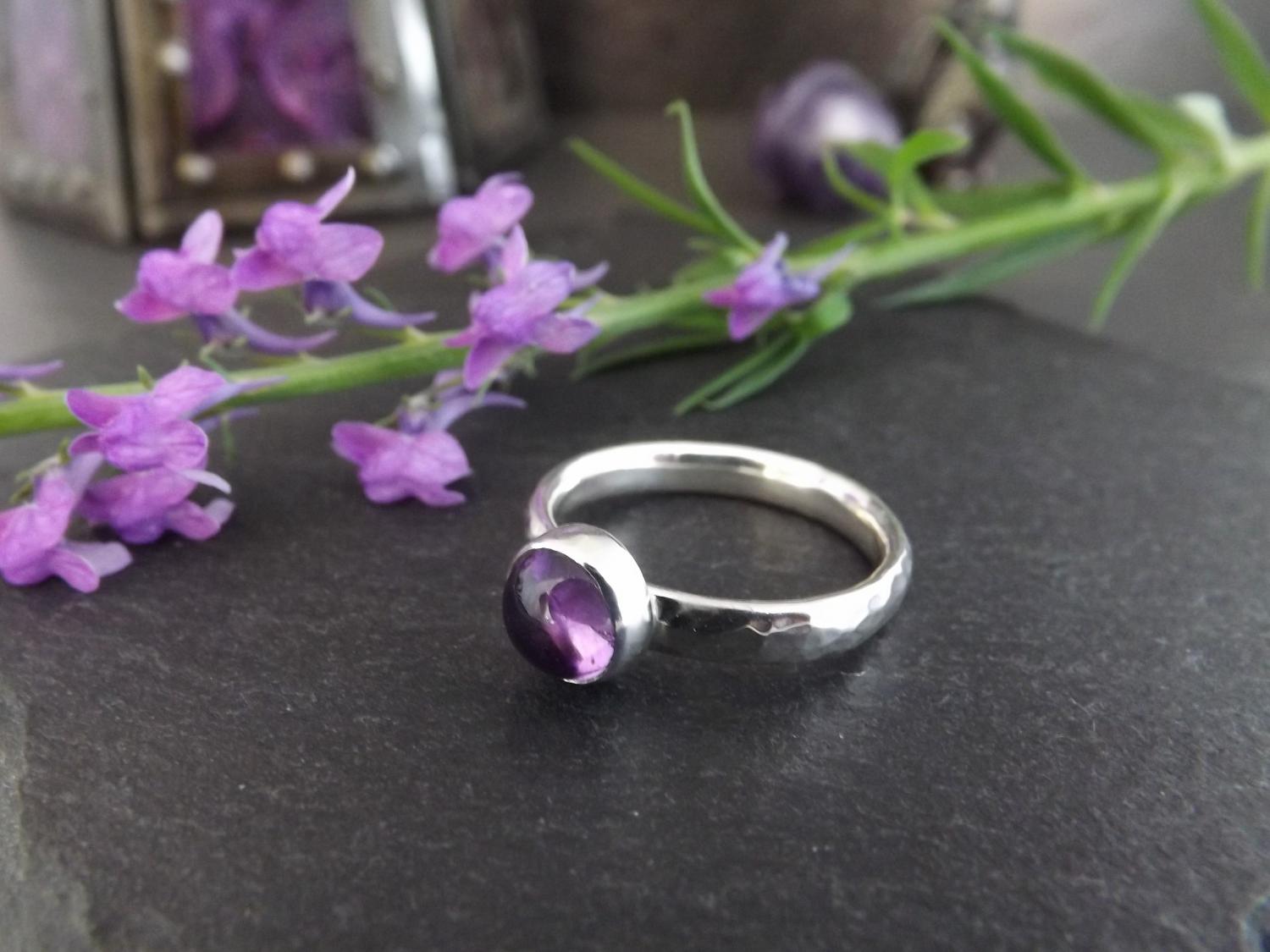 Amethyst Hammered Silver Ring, size N