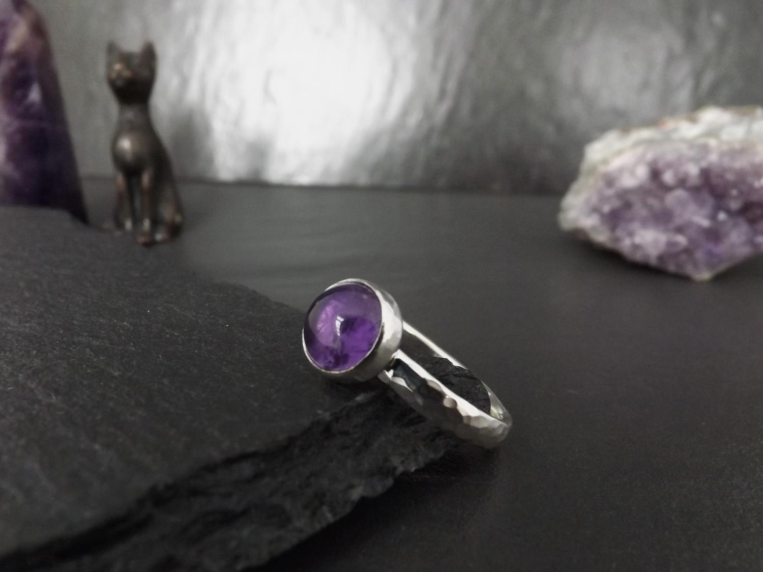 Amethyst Hammered Silver Ring, size P