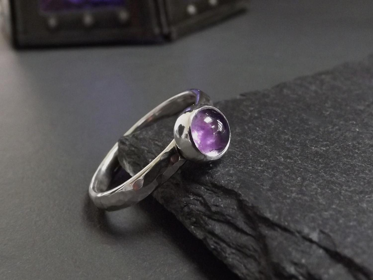 Amethyst Hammered Silver Ring - size T