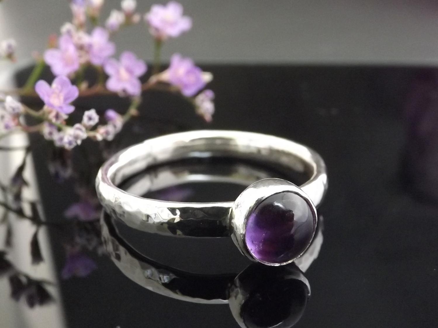 Amethyst Hammered Silver Ring, size W