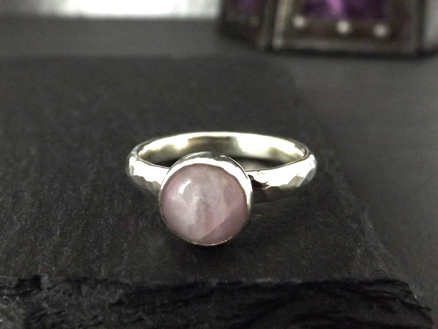 Pink Kunzite Hammered Silver Ring, size O