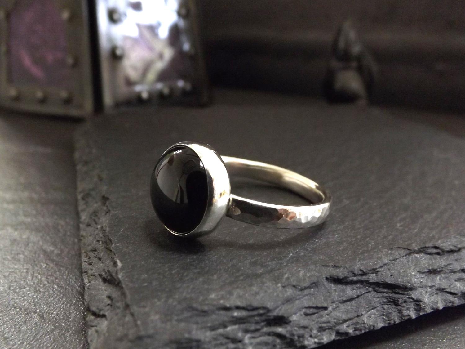 Black Onyx Hammered Silver Ring, size V