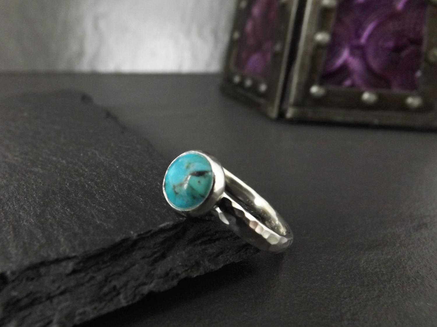 Turquoise Hammered Silver Ring, size O