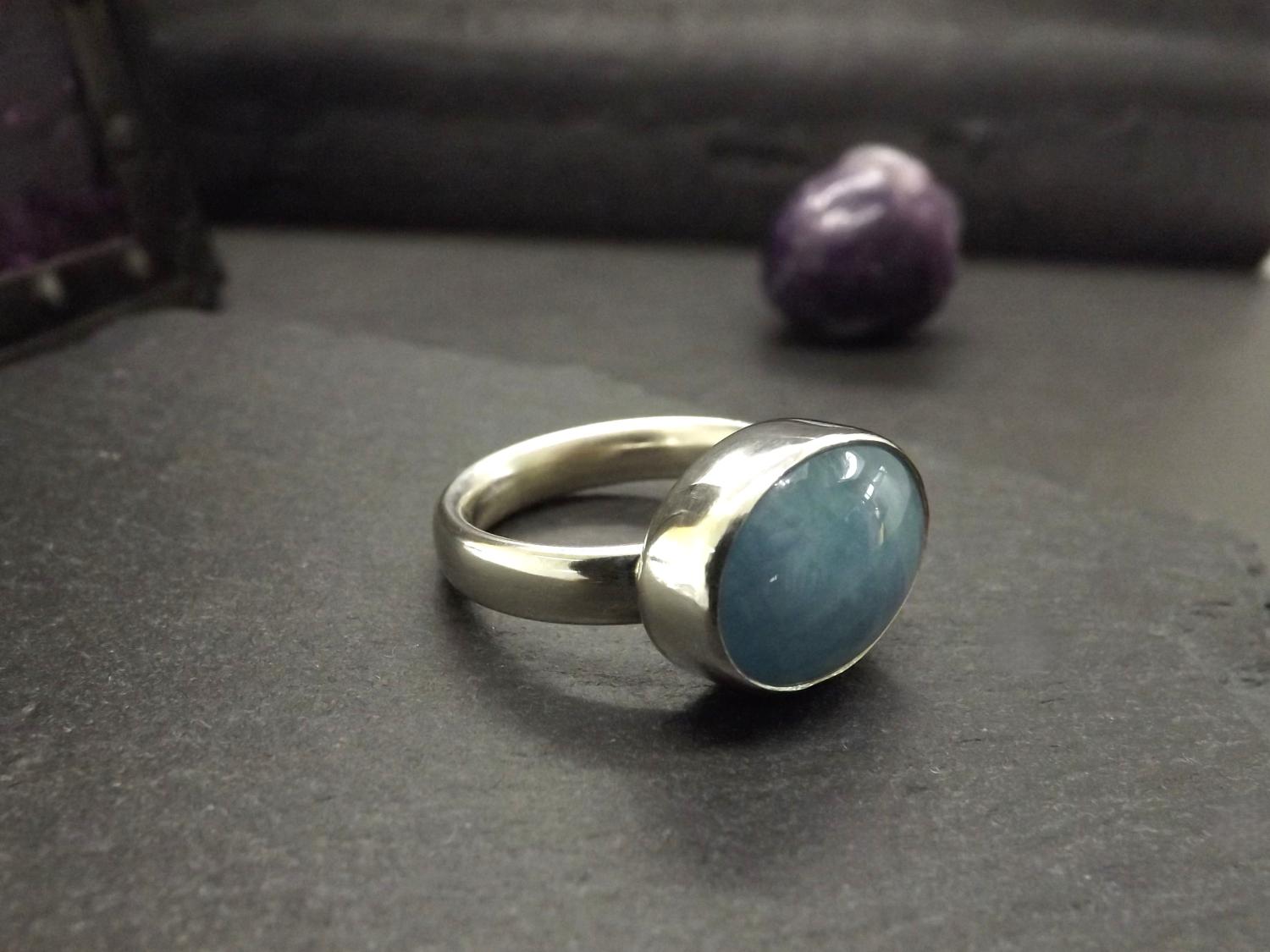 Aquamarine Chunky Silver Ring, size Q