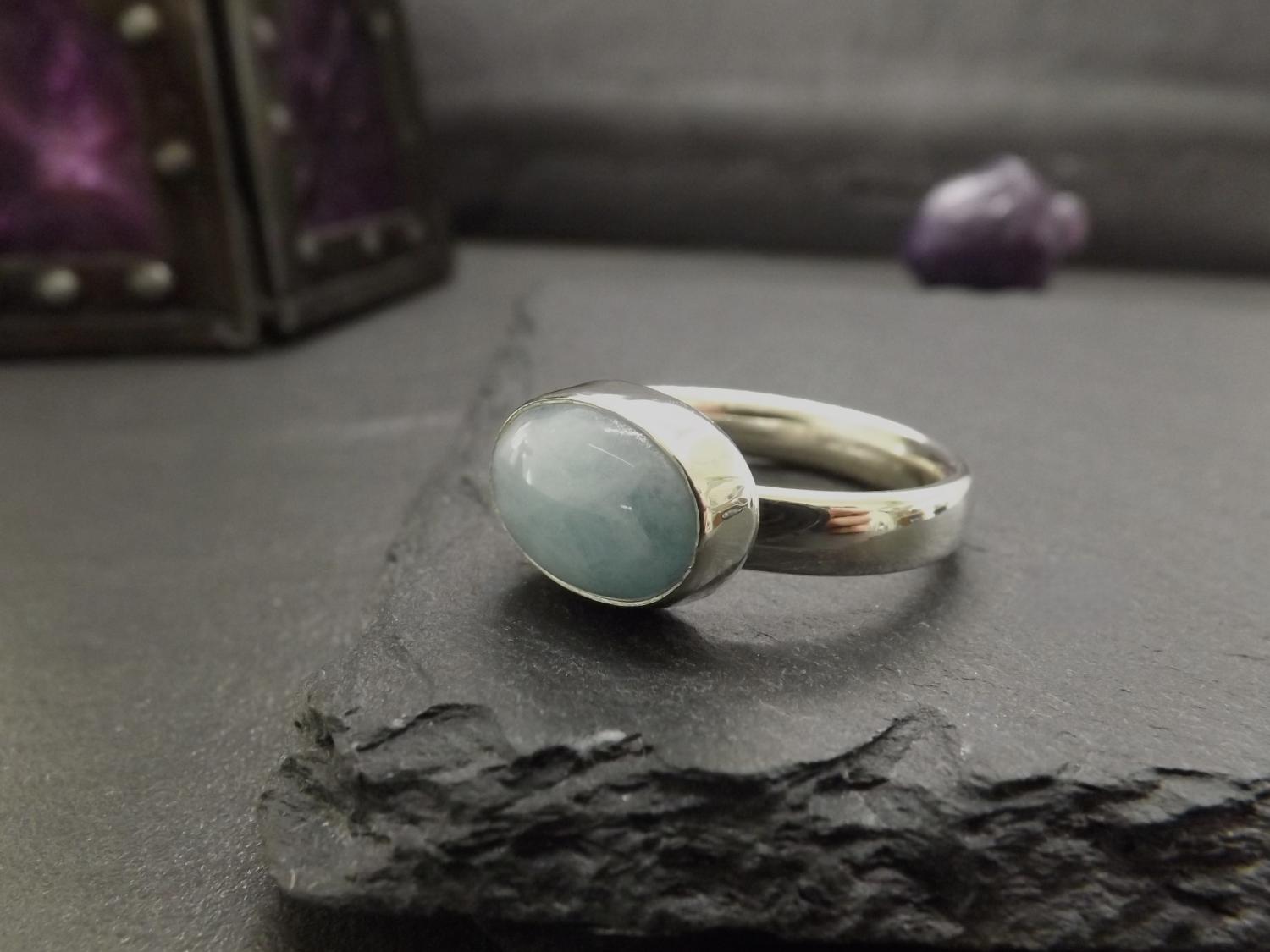 Aquamarine Chunky Silver Ring, size T