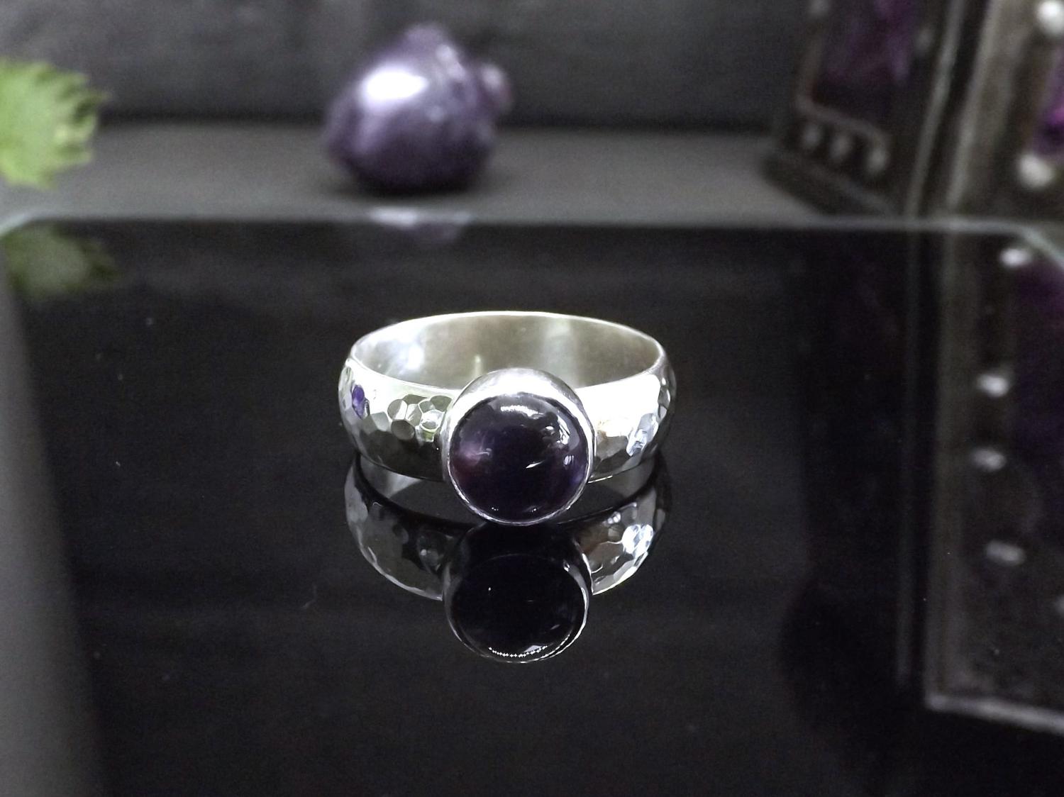 Amethyst Hammered Silver Ring size L