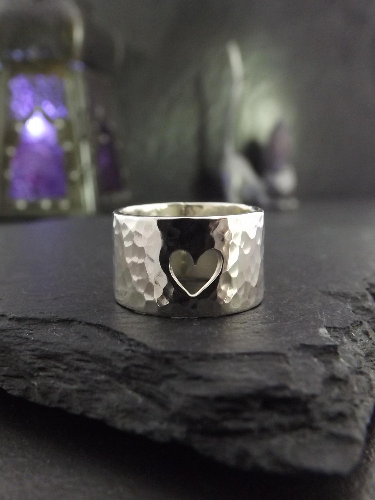 Heart Cut Out Hammered Silver Ring size G