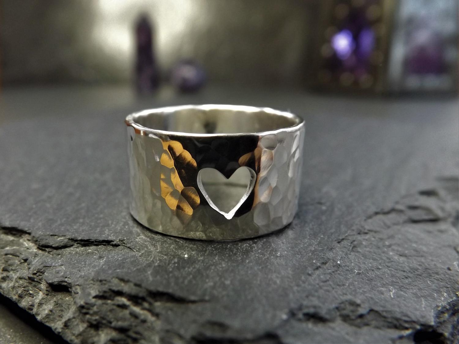 Heart Cut Out Hammered Silver Ring size L